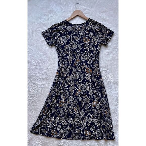NWT LEOTA Jemima Faux Perfect Wrap Knit Cap Sleeve Dress Floral Paisley Navy - Picture 6 of 9